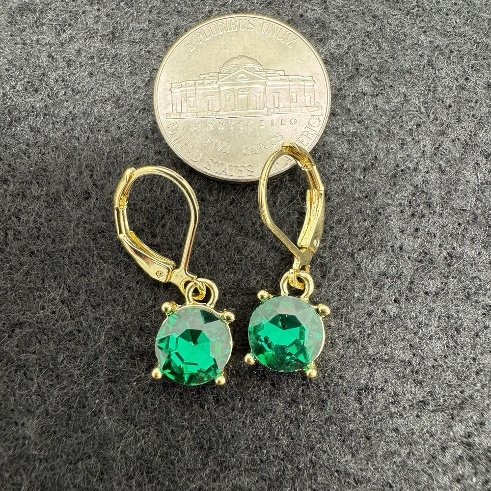 Gold Tone Leverback Dangle Earrings Round Green Crystal Prong Set 2 Stone